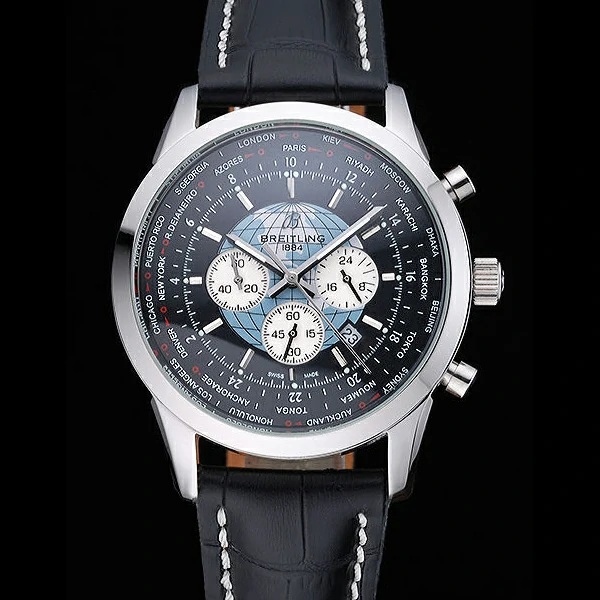 Breitling Transocean Chronograph Unitime Black Dial Stainless Steel Case Black Leather Bracelet new60138