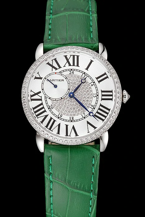 Cartier Ronde Louis Silver Diamond Case White Dial Green Leather Bracelet new124464