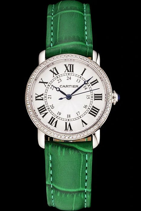 Cartier Ronde White Dial Diamond Bezel Stainless Steel Case Green Leather Strap new122574