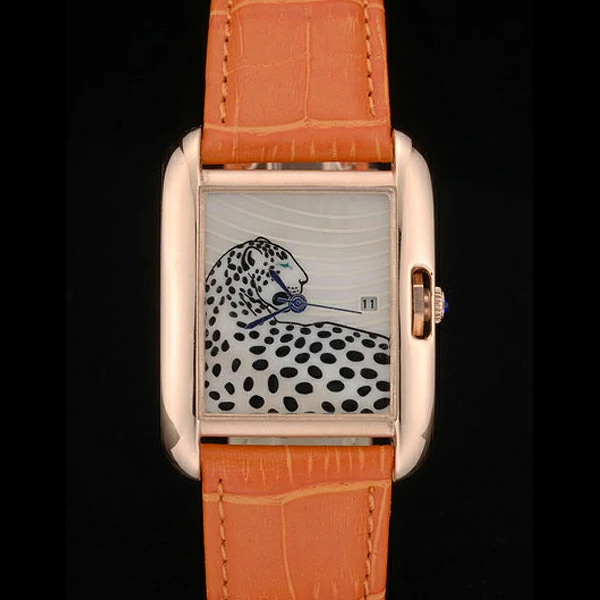 Cartier Tank Anglaise White Tiger Dial Gold Case Orange Leather Bracelet new59170
