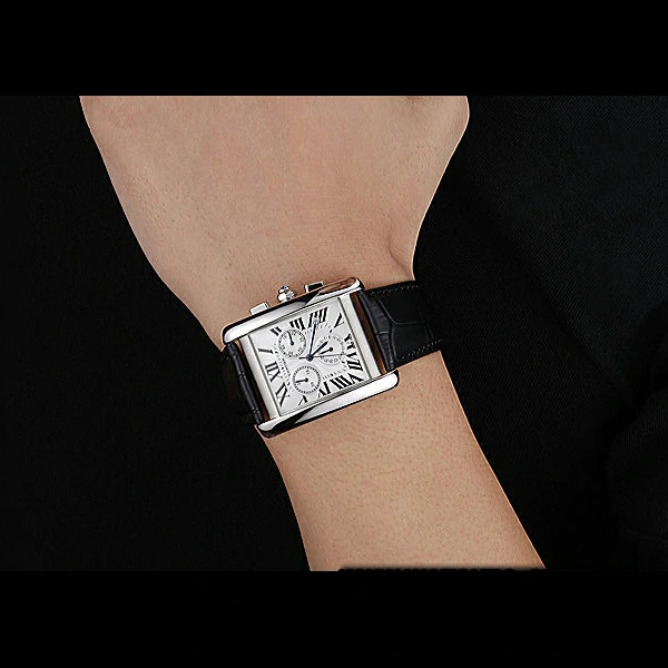 Cartier Tank MC White Dial Stainless Steel Case Black Leather Bracelet new60615