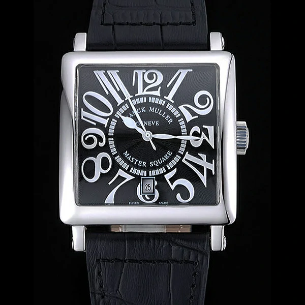 Franck Muller Master Square Black Dial Silver Case Black Leather Band new60248