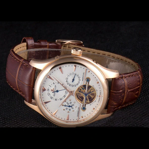 Jaeger Lecoultre Tourbillon Perpetuel Gold Bezel Brown Leather Band new59709