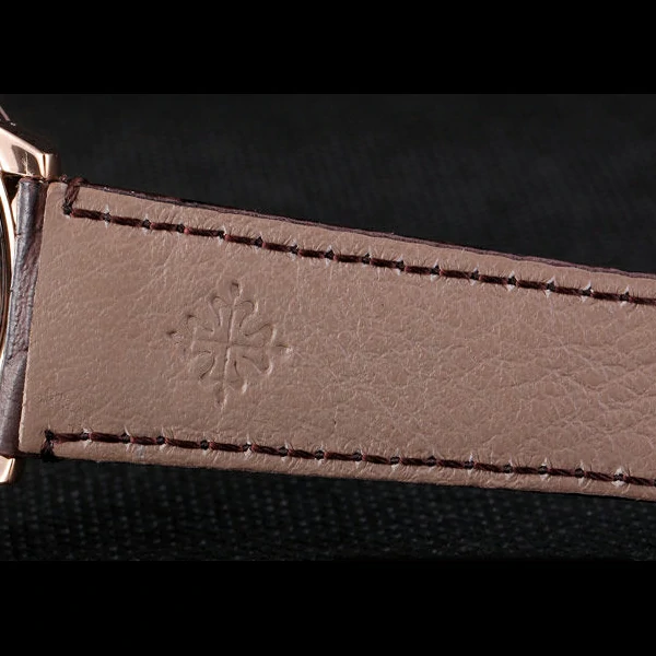 Patek Philipe Calatrava Roze Gold Polished Bezel Brown Leather Bracelet new59423