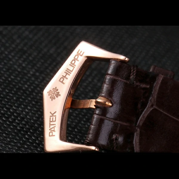 Patek Philipe Calatrava Roze Gold Polished Bezel Brown Leather Bracelet new59423