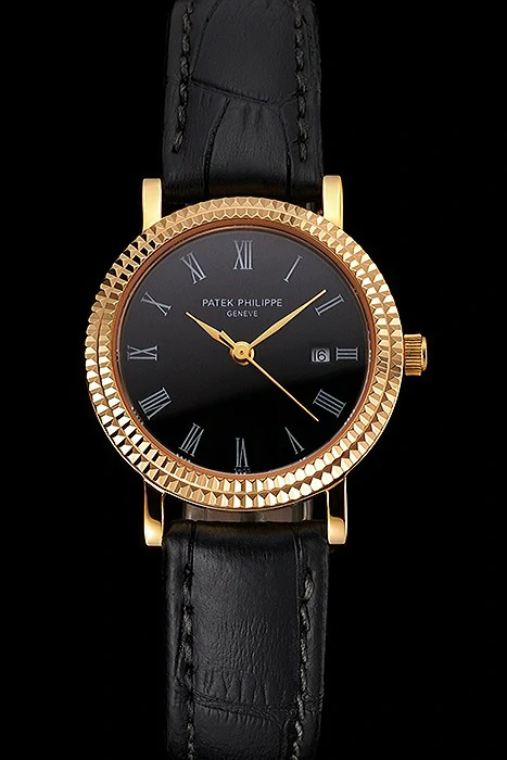 Patek Philippe Calatrava Black Dial Roman Numerals Double Ribbed Bezel Gold Case Black Leather Strap new122471