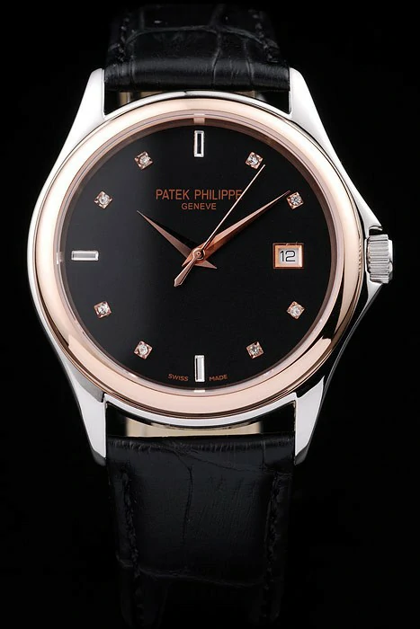Patek Philippe Geneve Calatrava Crystal Studded Hour Marker Black Dial Black Leather Strap new59152