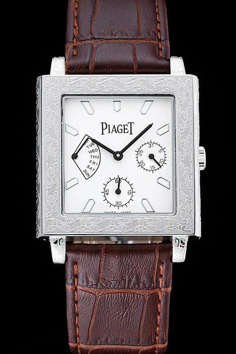 Piaget Emperador Limited Edition White Dial Engraved Silver Case Brown Leather Bracelet new125135
