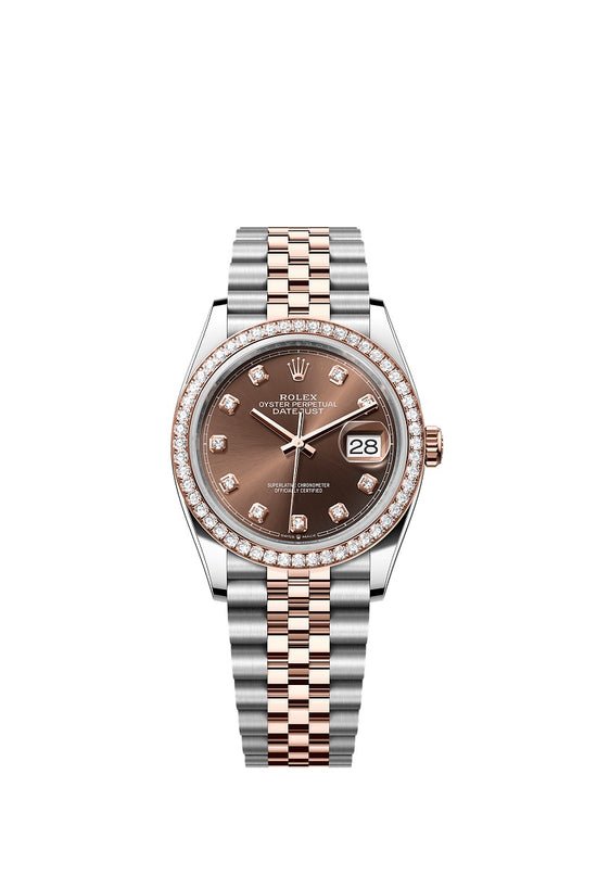Rolex Replica Watch Datejust 36, Oystersteel and 18k Everose Gold, Chocolate sunray set with 10 diamonds dial, Diamond-set bezel Jubilee, 126281rbr-0041