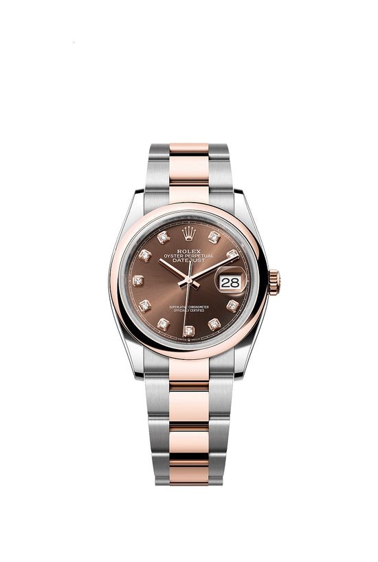 Rolex Replica Watch Datejust 36, Oystersteel and 18k Everose Gold, Chocolate sunray set with 10 diamonds dial, Domed Oyster, 126201-0054
