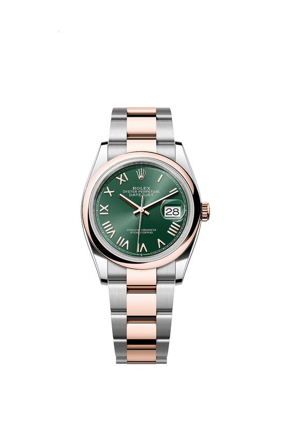 Rolex Replica Watch Datejust 36, Oystersteel and 18k Everose Gold, Intense White Roman dial, Domed Oyster, 126201-0052