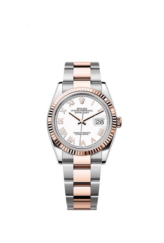 Rolex Replica Watch Datejust 36, Oystersteel and 18k Everose Gold, Intense White Roman dial, Fluted Oyster, 126231-0046