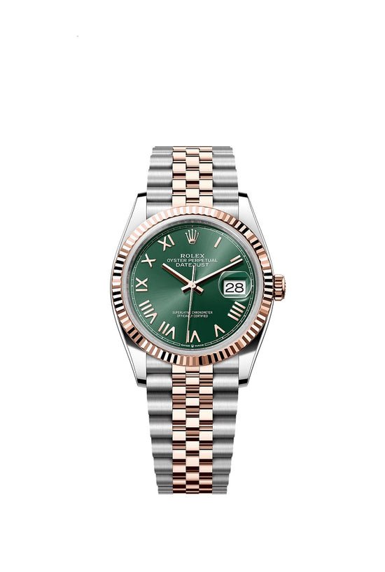 Rolex Replica Watch Datejust 36, Oystersteel and 18k Everose Gold, Mint green sunray Roman dial, Fluted Jubilee, 126231-0051