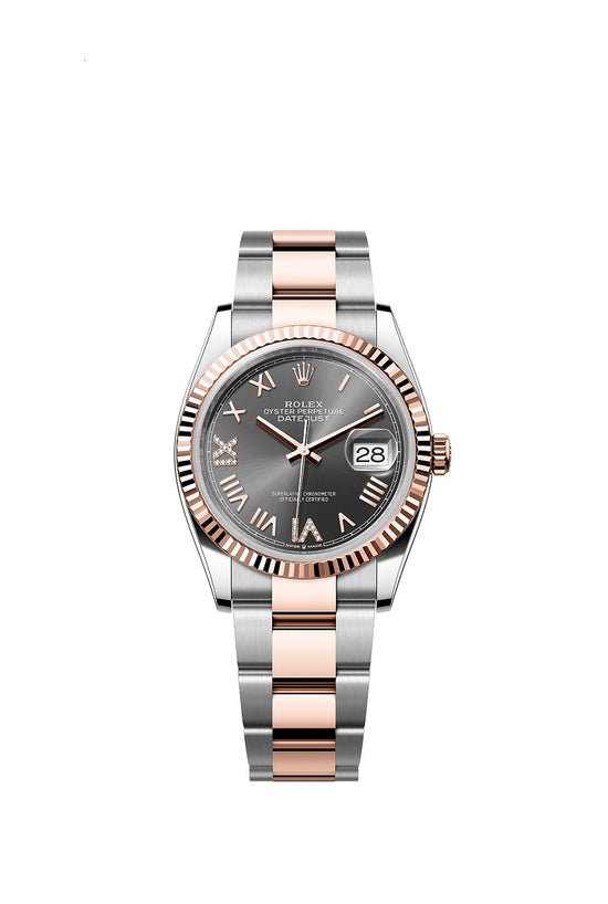 Rolex Replica Watch Datejust 36, Oystersteel and 18k Everose Gold, Slate set with diamonds dial, Fluted Oyster, 126231-0048