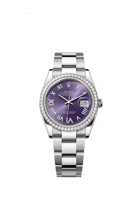 Rolex Replica Watch Datejust 36, Oystersteel and 18k White Gold, Aubergine set with diamonds dial, Diamond-set bezel Oyster, 126284rbr-0056