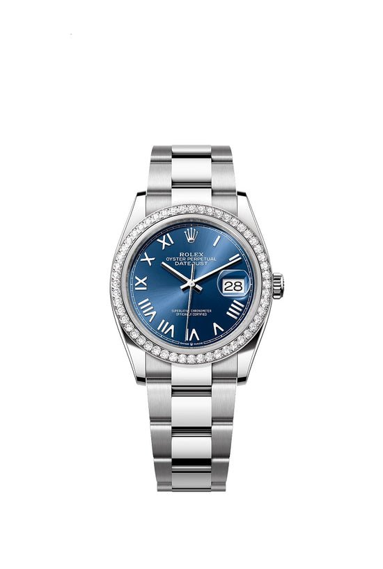 Rolex Replica Watch Datejust 36, Oystersteel and 18k White Gold, Bright blue sunray, Diamond-set bezel Oyster, 126284rbr-0062