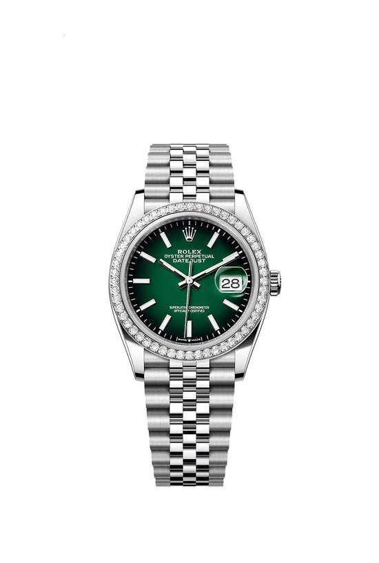 Rolex Replica Watch Datejust 36, Oystersteel and 18k White Gold, Green ombré dial, Diamond-set bezel Jubilee, 126284rbr-0051