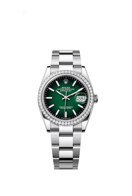 Rolex Replica Watch Datejust 36, Oystersteel and 18k White Gold, Green ombré dial, Diamond-set bezel Oyster, 126284rbr-0052