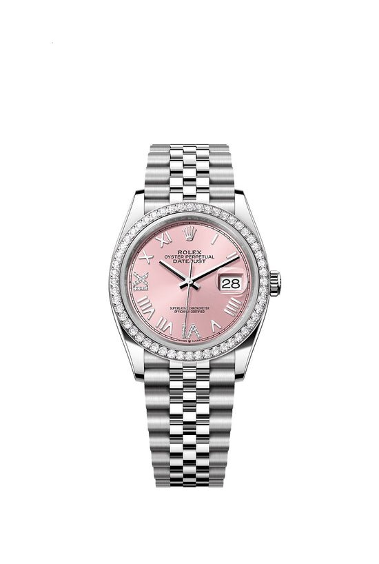 Rolex Replica Watch Datejust 36, Oystersteel and 18k White Gold, Pink set with diamonds dial, Diamond-set bezel Jubilee, 126284rbr-0057