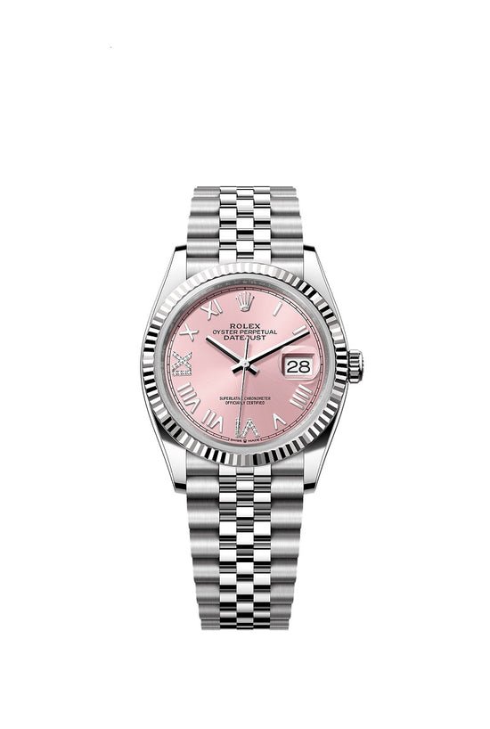 Rolex Replica Watch Datejust 36, Oystersteel and 18k White Gold, Pink set with diamonds dial, Fluted Jubilee, 126234-0065