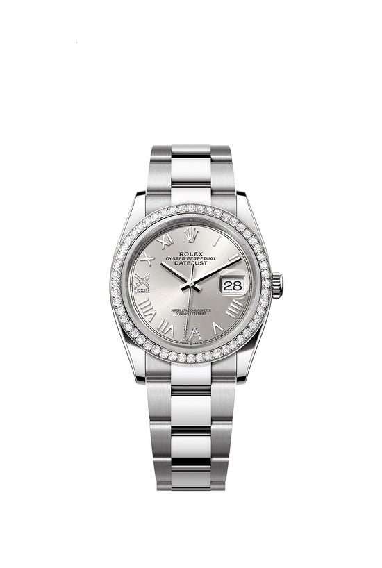 Rolex Replica Watch Datejust 36, Oystersteel and 18k White Gold, Silver set with diamonds dial, Diamond-set bezel Oyster, 126284rbr-0060