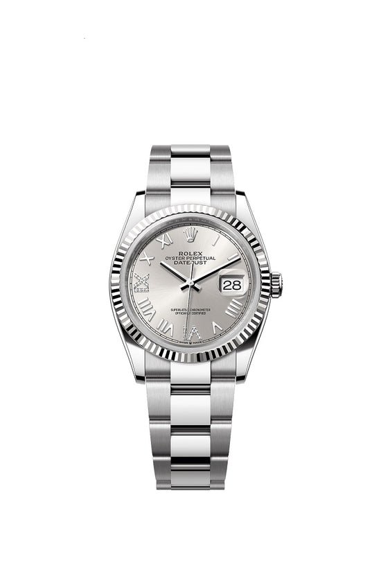 Rolex Replica Watch Datejust 36, Oystersteel and 18k White Gold, Silver set with diamonds dial, Fluted Oyster, 126234-0068