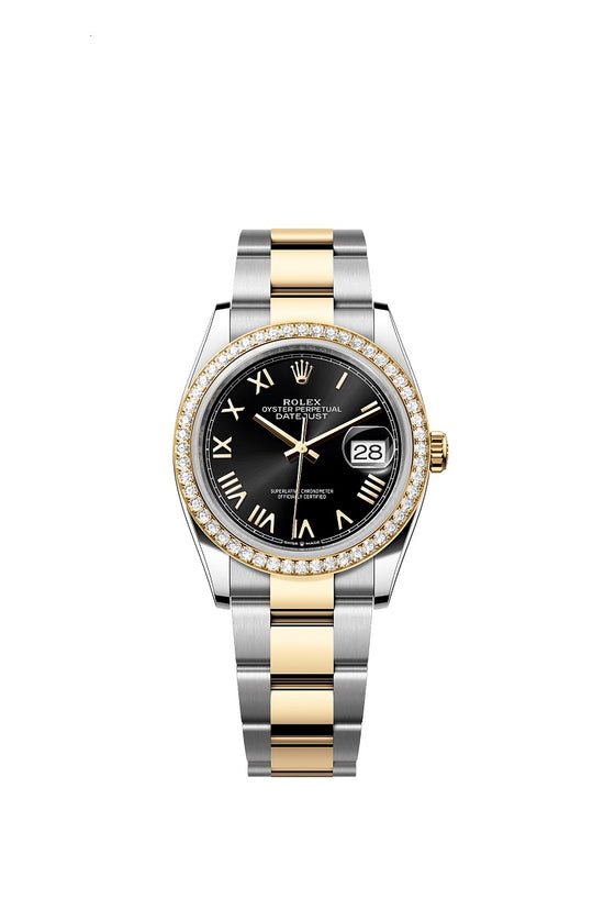 Rolex Replica Watch Datejust 36, Oystersteel and 18k Yellow Gold, Bright black sunray Roman dial, Diamond-set bezel Oyster, 126283RBR-0042