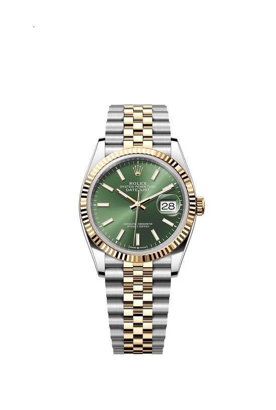 Rolex Replica Watch Datejust 36, Oystersteel and 18k Yellow Gold, Olive green sunray dial, Fluted Jubilee, 126233-0057