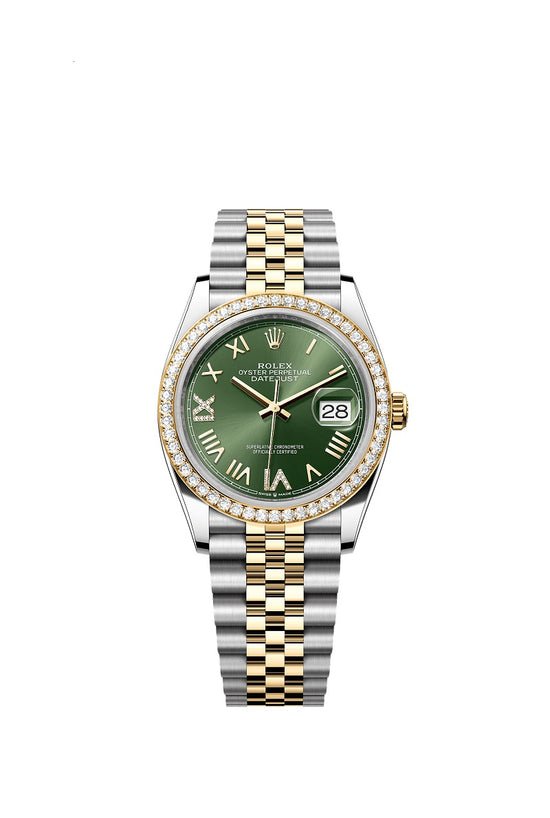 Rolex Replica Watch Datejust 36, Oystersteel and 18k Yellow Gold, Olive green sunray set with Diamonds dial, Diamond-set bezel Jubilee, 126283RBR-0035