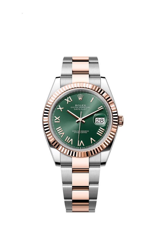 Rolex Replica Watch Datejust 41, Oystersteel and 18k Everose Gold, Mint green sunray Roman dial, Fluted Oyster, 126331-0021