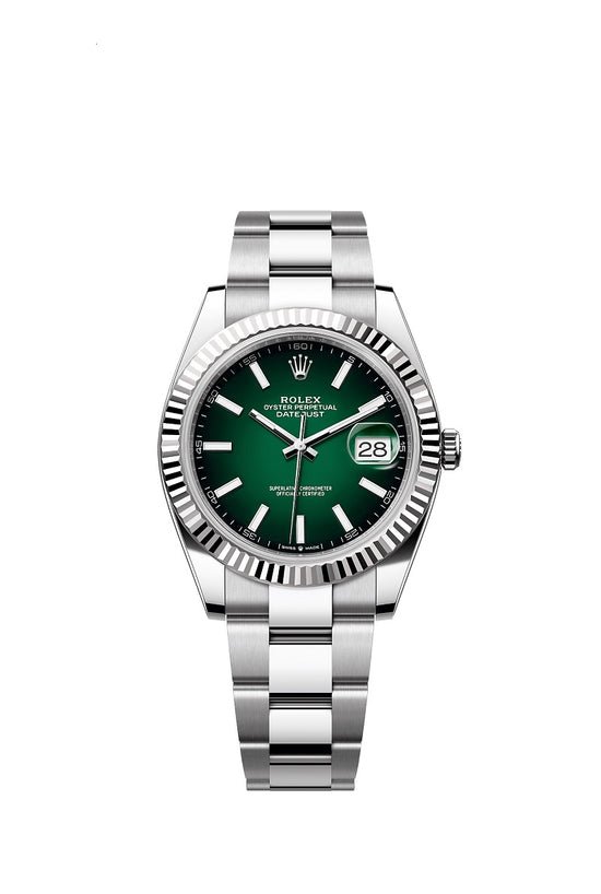Rolex Replica Watch Datejust 41, Oystersteel and 18k White Gold, Green ombré dial, Fluted Oyster, 126334-0033