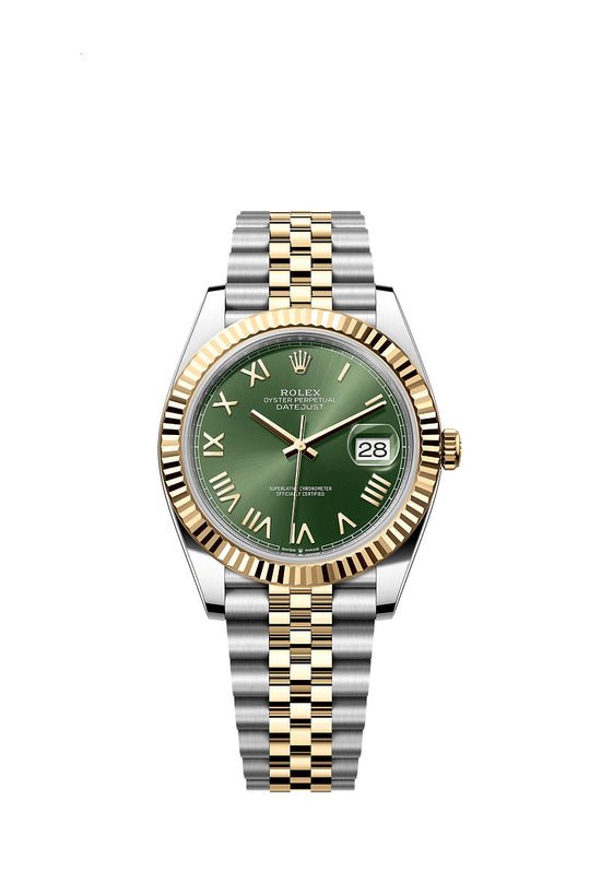 Rolex Replica Watch Datejust 41, Oystersteel and 18k Yellow Gold, Olive green Roman sunray dial, Fluted Jubilee, 126333-0024