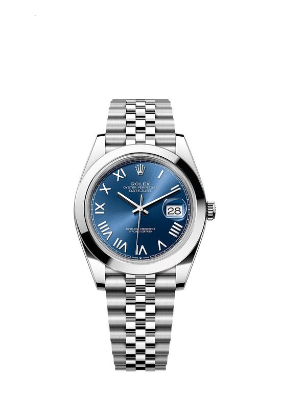 Rolex Replica Watch Datejust 41, Oystersteel, Bright blue sunray Roman dial, Smooth Jubilee, 126300-0030