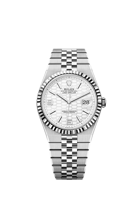 Rolex Replica Watch Land-Dweller 40, Oystersteel and 18k White Gold, Intense white dial, Fluted Flat Jubilee, 127334-0001