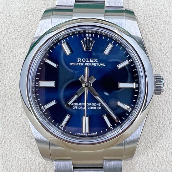Rolex Replica Watch Oyster Perpetual No Date, Stainless Steel, 34mm, Bright blue, Oyster, 124200-0003