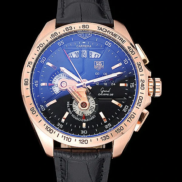 Tag Heuer Carrera Rose Gold Bezel with Black Dial and Black Leather Strap new59628
